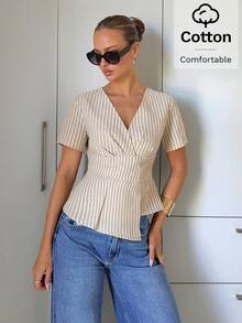 Siren Gaze Verano,Estilo Francés Elegante,Blusa de Lujo con Cuello en V y Volantes para Brunch Chic para Mujeres,Top de Manga Corta Ajustado y Cómodo para Oficina y Trabajo - Multicolor - Ver 4