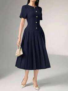 Heiryn Elegant Commuter Asymmetric Buckle Pleated Dress For Women - Navy Blue - View 3