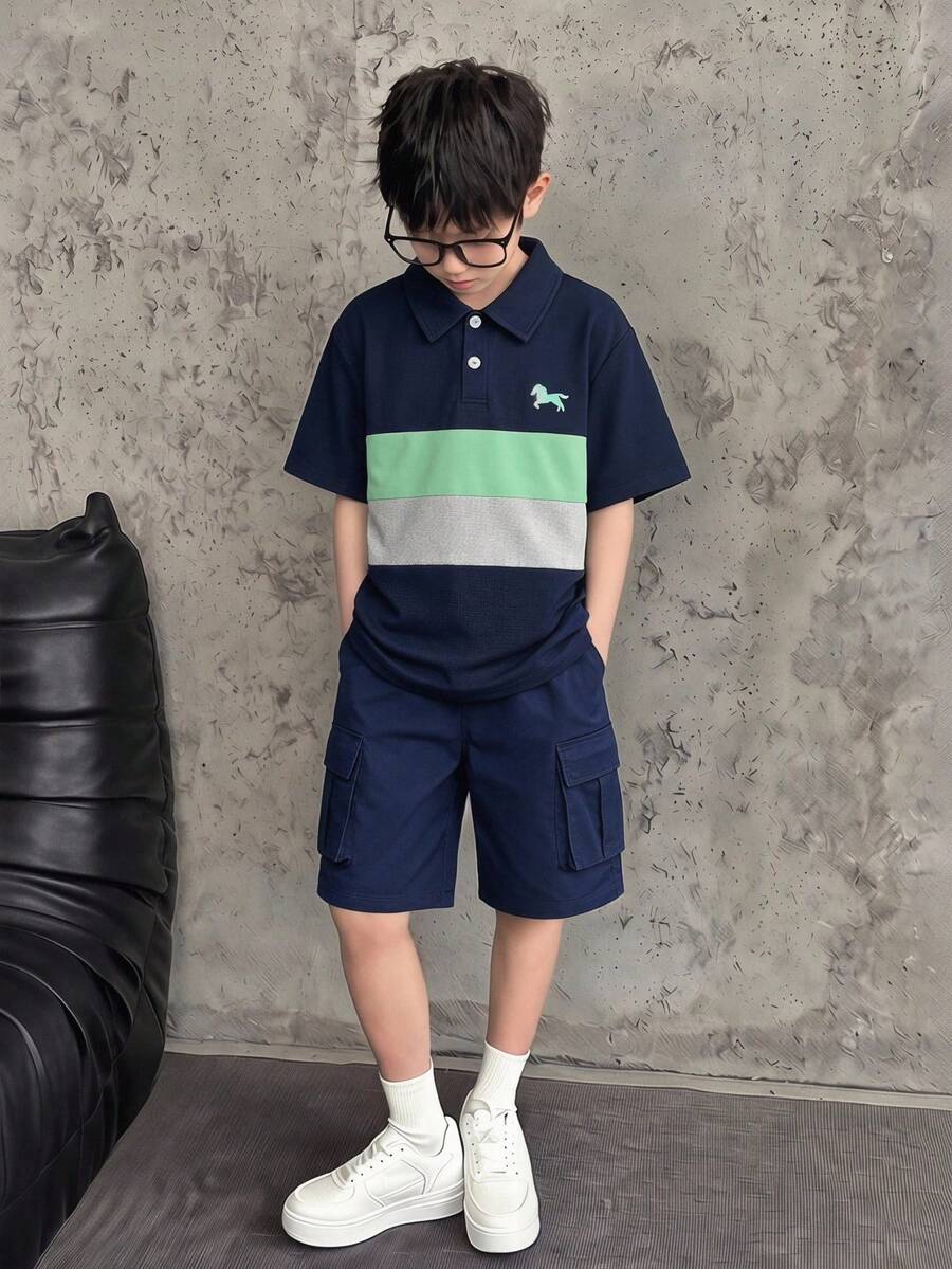 Mirajuku 男童休闲条纹polo衫和红色梭织短裤两件套,适合春夏户外活动 - 藏蓝色 - 查看 1