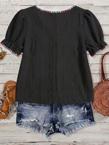 SHEIN VCAY Blus Kasual Lengan Pendek Leher Persegi untuk Wanita Ukuran Besar, Cocok untuk Musim Panas - Hitam - View 2