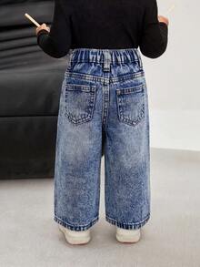 SHEIN Bubblio Quần ống rộng dáng suông màu xanh denim kiểu retro cho bé gái - Rửa trung bình - Xem 2