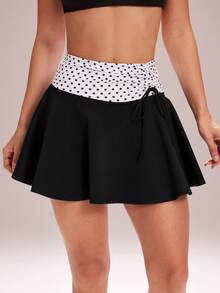 WanderVale Women's Summer Polka Dot Print Drawstring Pleated Twist Casual Sports Yoga Pants Skirt - Black - View 5