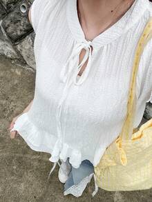FRIFUL Women's Sleeveless Collar Bow Tie Tie-Up Hem Multi-Layer Ruffle Patchwork Fitted Sweet Elegant Blouse Vacation Summer Cute Top White - White - View 5