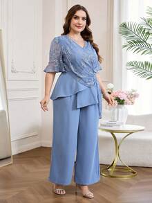 Reflora Plus Size Women's 2 Pieces Set,Elegant Blue And White Embroidered Summer Outfits,Charming Suits For Wedding Graduation Ceremony,Elegant Set - Blue - View 8