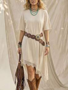 Vestido de mujer de longitud media, de manga corta, con bajo asimétrico, de estilo básico de moda, para uso diario, de vacaciones o para ir al trabajo, de unicolor con aplicaciones de encaje - Camel - Ver 10