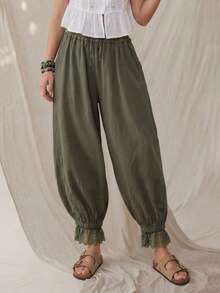 Wildy Quần lửng 3/4 kiểu Bohemian mùa hè, phong cách đồng quê, màu xanh lá cây, chất liệu cotton, cạp chun, phối ren, màu xanh lá cây. - màu xanh lá - Xem 7
