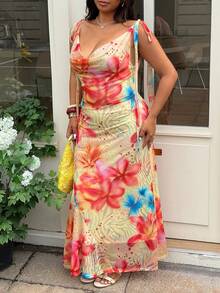 Vestido de tirantes con estampado floral para mujer de talla grande, ideal para vacaciones - Multicolor 3 - Ver 4