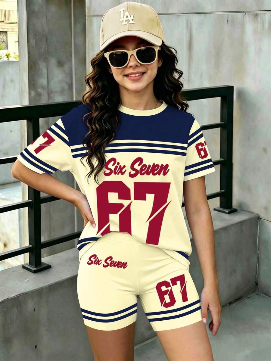 1 Set Tween Mädchen lässig Sport Stil T-Shirt und Shorts Set, marineblau und apricotfarbenes Farbblock Streifendesign mit "SIX SEVEN" Grafik Muster Kurzarm Rundhals T-Shirt und Radlerhose, Sommer Straßen Sport Retro Outfit - Verschiedenfarbig - Übersicht 1