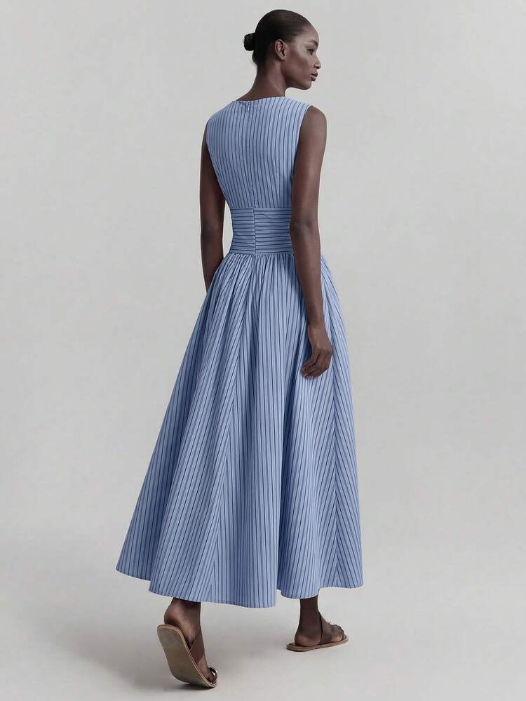 Navy Blue,Summer,Elegant,Brunch Women's Striped Patchwork Round Neck Sleeveless Waist Pleated Long Dress, A-Line Maxi Wedding Guest Gown