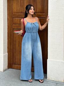 Rivivi Plus Size Women Casual Tie-Up Denim Jumpsuit For Summer - Medium Wash - View 6