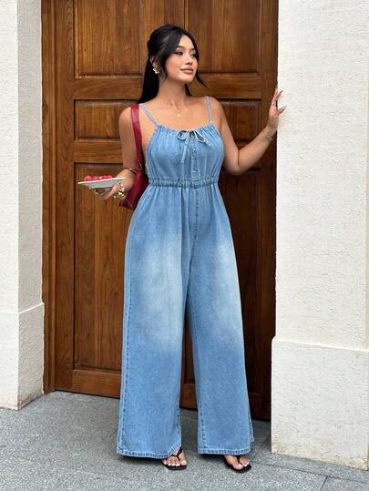 Rivivi Plus Size Women Casual Tie-Up Denim Jumpsuit For Summer