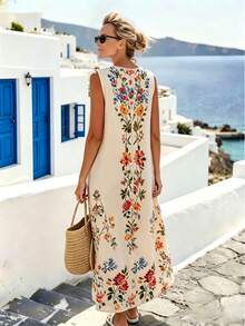 SHEIN Holidaya Đầm maxi dài không tay cổ tròn in hoa màu mơ mới cho nữ mùa hè 2026, kiểu dáng thanh lịch, rộng rãi, thoải mái cho kỳ nghỉ đi biển. - Màu be - Xem 2