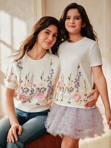 Anewsta Camiseta de manga corta con bordado y cuentas para niñas, camiseta gráfica, top brillante, adecuado para combinar con pantalones cortos y faldas casuales para el verano - Blanco - Ver 1