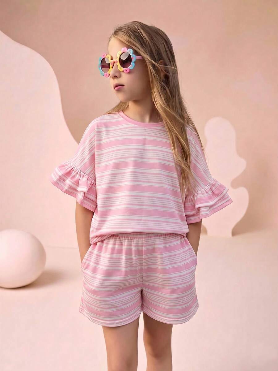 SHEIN Tween Girl Round Neck Short Sleeve Striped Ruffle Sleeve T-Shirt And Striped Shorts 2-Piece Set - Pink - View 1