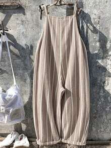EMERY ROSE Plus Size Loose Minimalist Vertical Striped Suspender Pants, Suitable For Summer Outfits - Brown - View 2