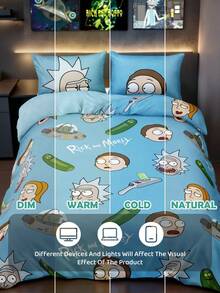 Rick and Morty X SHEIN Bộ 3 món màu xanh dương in hình nhân vật hoạt hình (1 vỏ chăn + 2 vỏ gối không kèm ruột), chất liệu microfiber, mềm mại và ấm áp, nhiều kích cỡ, phù hợp cho giường đơn/giường đôi/giường cỡ Queen/giường cỡ King, bộ đồ giường phong cách retro, trang trí dễ thương. - Màu xanh lam - Xem 7