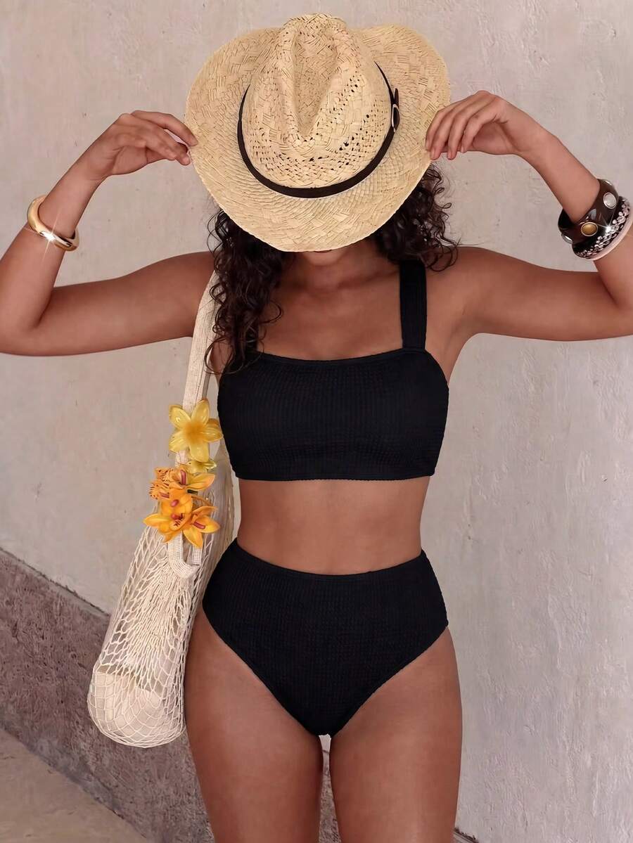 SHEIN Swim 2件套2026春夏黑色粗肩带成熟优雅比基尼套装,夏季海滩度假 - 黑色 - 查看 1