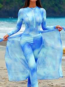 Swim Shayni 女款夏季粉色紮染印花長袖拉鍊防曬泳衣、長褲與圍裙三件式布基尼泳裝海灘套裝 - 藍色 - 查看 5