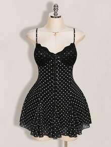 SHEIN ICON 大码女式波点撞色蕾丝连衣裙 - 黑色 - 查看 4