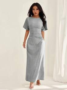 SHEIN PETITE Women's Summer Solid Color Linen Blend Casual Elegant Dress,,Summer Dresses For Women - Grey - View 5