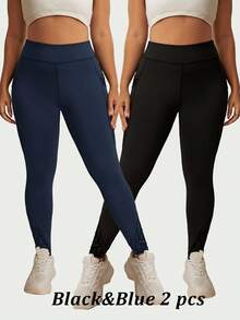 SHEIN Velisys 2 peças Calça Esportiva Preta e Azul Combinação Plus Size, Tecido de Rede Lateral e Retalhos Floquados, Bolsos da Moda, Legging Modeladora de Ajuste Justo - Multicolorido - Visão 2
