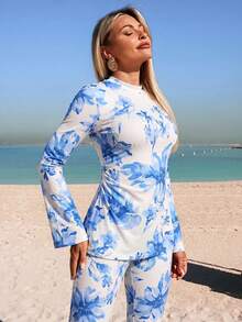 Swim Shayni Conjunto burkini de manga larga con pantalón acampanado en degradado de rosa y morado, traje de baño conservador para mujer, llegada de nuevos trajes de baño para mujer 2026, adecuado para la escuela, vacaciones, citas, té de la tarde, estilo occidental, cruceros, playa, islas, viajes por carretera, todas las estaciones, festivales de música, vacaciones bohemias, vacaciones occidentales, otoño relajado, tops elegantes para mujer - Multicolor - Ver 4