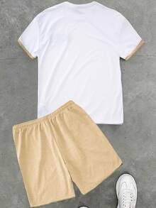 Manfinity Homme Men's Summer Casual Sports Contrast Trim Round Neck Short Sleeve T-Shirt And Shorts Set - Khaki - View 2