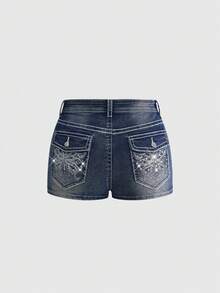 ROMWE Fairycore Plus Size Y2K Retro Low-Waist Vintage Butterfly Embroidered Adjustable Contrast Color Denim Skirt & Shorts - Blue - View 2