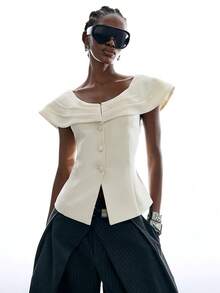 LYSMO Áo blazer nữ màu trơn xếp ly cài một hàng khuy thời trang - Màu be - Xem 4