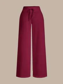 SHEIN BASICS 女士休闲纯色针织低腰阔腿运动裤 - 酒紅色 - 查看 7