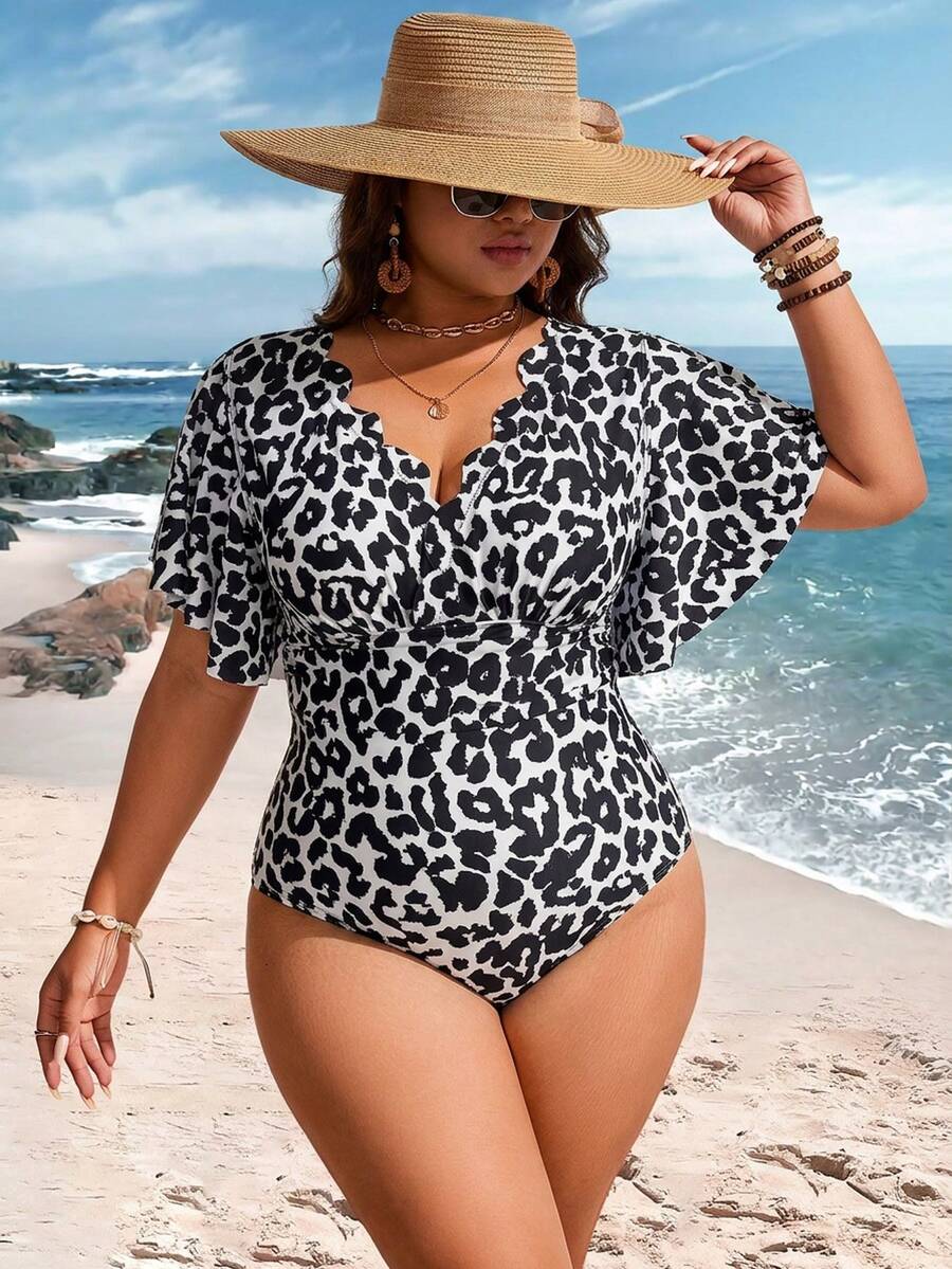 Swim Lushoire Plus Size Leopard Print V-Neck Short Sleeve One-Piece Swimsuit - Multicolor - View 1