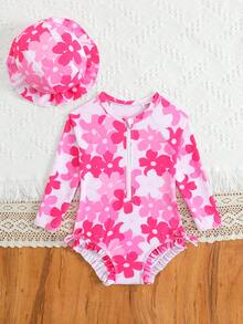 Souflis Souflis Baby Girls Beachwear 2-Piece Swimsuit Set, Soft & Smooth Fabric, Floral Print, Long Sleeve, Front Zipper, Contrast Color, Bowknot Design - Pink - View 3