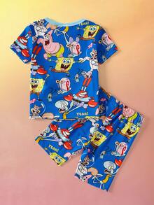 SpongeBob SquarePants | SHEIN 卡通印花圓領短袖上衣與短褲緊身睡衣套裝，適合小男孩 - 藍色 - 查看 2