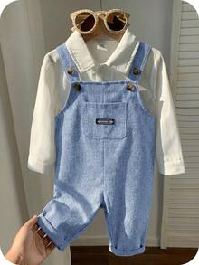 SHEIN Baby Boy Casual Cute Versatile Striped Cartoon Bear Pattern Bib Jumpsuit - Dusty Blue - View 6