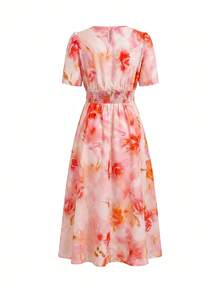 Ellevyn Floral Print Romantic Vacation Dress With Round Neck And Waist Cinching - Pink - View 5