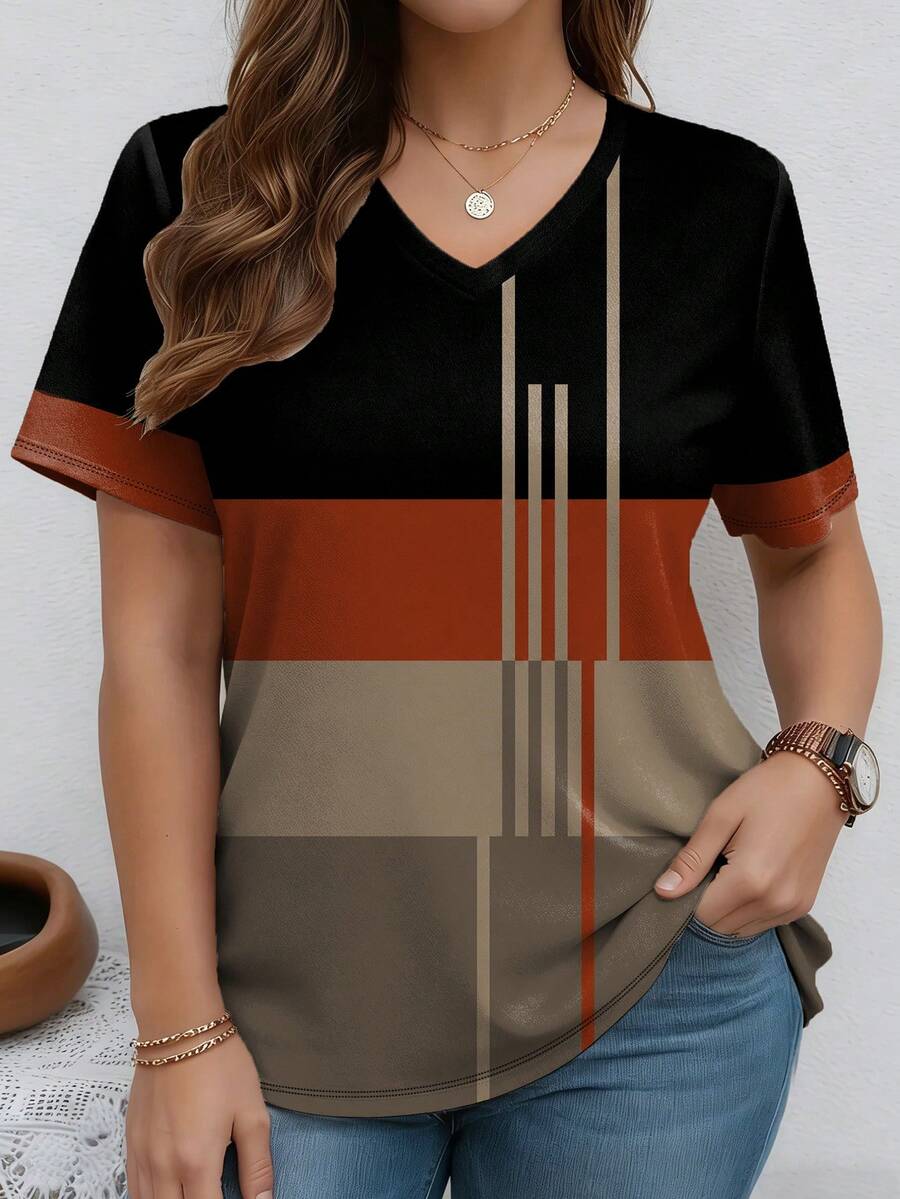 EMERY ROSE Black Patchwork Print V-Neck Short Sleeve Fashionable Plus Size T-Shirt Vacation Summer - Multicolor - View 1