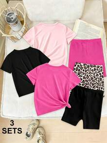 6pcs/Set Girls' Cute Leopard Print,Heart & Bow Graphic Short T-Shirt And Bike Shorts Outfits,Light Pink Summer Back-To-School School Casual Clothes - Multicolor - View 2