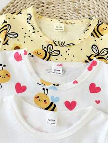 SHEIN Playful Pals 6件套女婴可爱蜜蜂、向日葵、爱心图案短袖上衣和松紧腰短裤套装，数码印花，休闲舒适，适合户外玩耍，春夏百搭 - 黃色 - 查看 7