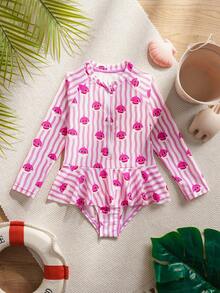BABY SHARK X SHEIN Young Girl Striped Cartoon Print One-Piece Swimsuit - Pink - View 1