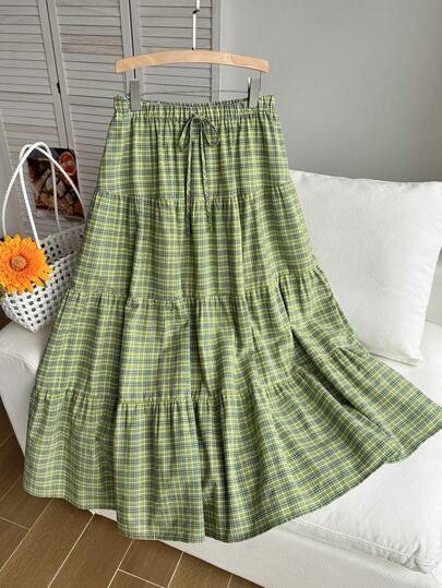 Comfortcana Chân váy chữ A kẻ caro xanh lá cây cỡ lớn, thích hợp cho kỳ nghỉ xuân/hè.