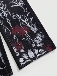 ROMWE Grunge Punk Vintage Distressed Dark Gothic Dragon Skull, Lotus, Thorn Print Wide Leg Jeans - Black - View 4