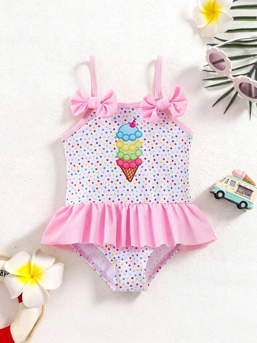 SHEIN Bộ áo liền quần dệt kim họa tiết kem và chấm bi đáng yêu cho bé gái. - Nhiều màu - Xem 1