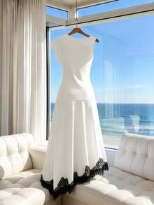 SHEIN Franclia Đầm đen dài ngang gối thanh lịch dành cho nữ, thích hợp đi làm và dự tiệc, với phần eo xếp ly và viền ren. - trắng - Xem 2