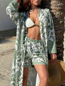 EURMUSE Women's White Paisley Print Kimono, High Waist Shorts, And Tank Top Set – Long Sleeve Autumn Three Pieces Outfit Golf Sexy - Green - View 2