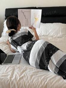 SHEIN 女士休闲条纹短袖睡裙，圆领，夏季，宽松睡衣 - 黑與白 - 查看 4