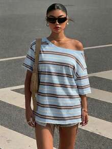 SHEIN EZwear 女士休闲简约蓝棕条纹宽松短袖T恤 - 彩色 - 查看 5