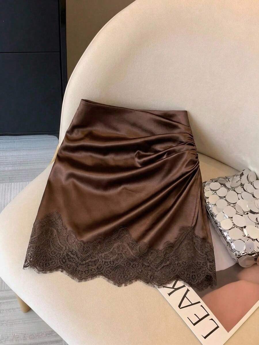 SHEIN Frenchy Falda plisada de encaje elegante con contraste, para verano - Marrón - Ver 1