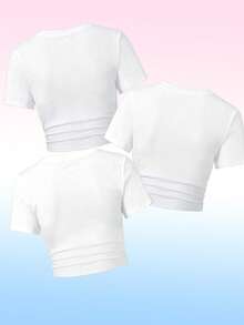 3pcs Tween Girl Sweet Bow Print Fitted Short T-Shirt, Sweet & Style Switchable Pleated Short Sleeve Top Dress Set - White - View 2