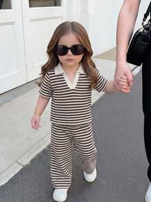 SHEIN Baby Girl Summer Casual Striped Floral Decor Short Sleeve Polo Shirt And Trousers Set Brown Outfit Outfits Sets Flower 2 Pieces Clothes Matching - Brown - View 4