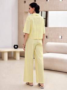 Modelyn Pastal Collared Top Paired With Straight Leg Pants Casual Minimalist Tropical Sexy Outfit Vacation Summer Golf Pale Yellow Brunch - Yellow - View 7